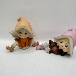 Homco 2 little hand painted elves ceramic‎ EUC